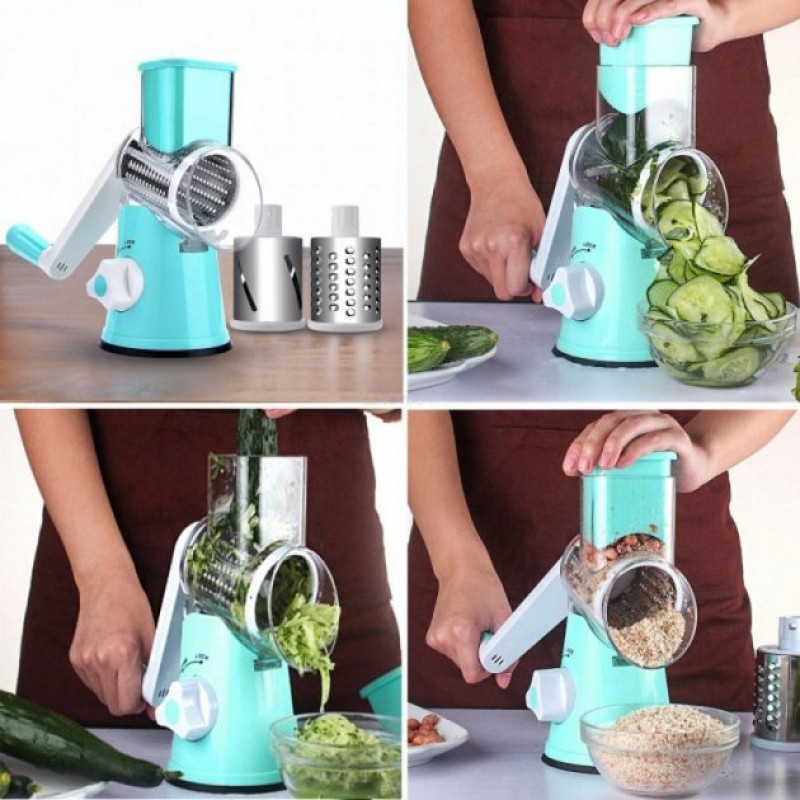 Овочерізка мультислайсер Tabletop Drum Grater Kitchen Master Терка для овочів та фруктів 3 насадки. Колір: блакитний