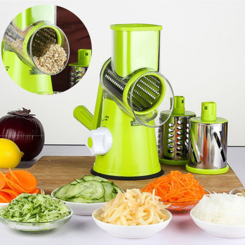 Овочерізка мультислайсер Tabletop Drum Grater Kitchen Master Терка для овочів та фруктів 3 насадки. Колір: зелений