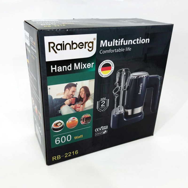 Міксер ручний Rainberg RB-2216 (5 швидкостей, 2 насадки та підставка) 600W