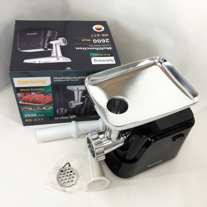 Електрична м'ясорубка Rainberg RB-677 2600W з насадкою для ковбас, м'ясорубка з металевим редуктором