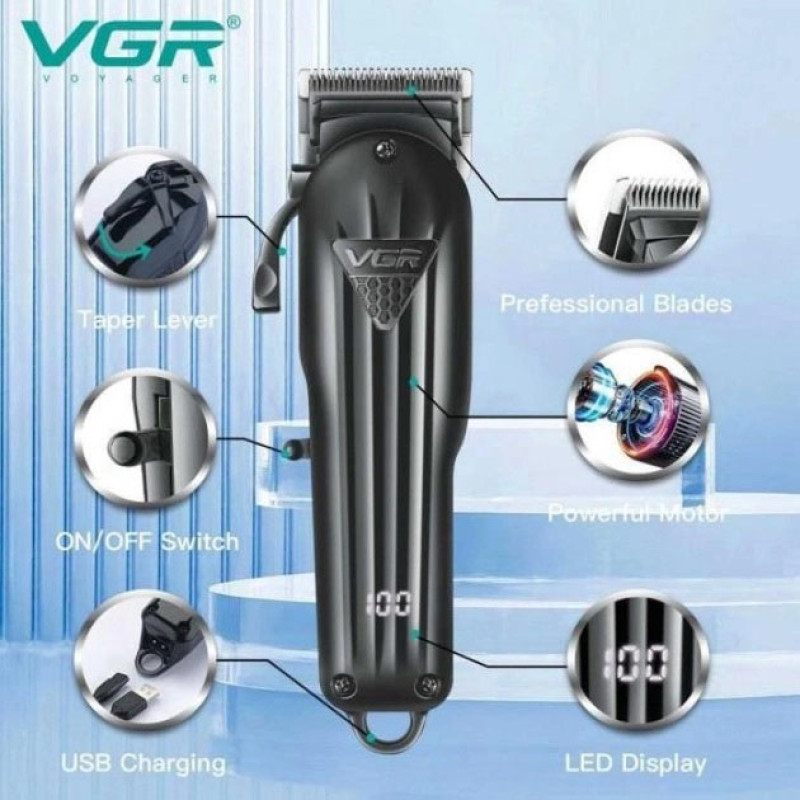 Машинка для стрижки волосся акумуляторна VGR V-282 Професійна LED-дисплей 6 насадок