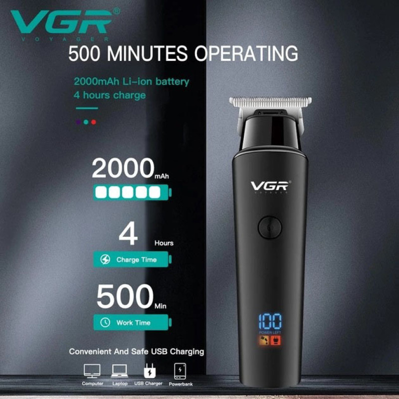 Тример для волосся VGR V-937, з USB-кабелем для зарядки, світлодіодним дисплеєм, 3 насадками