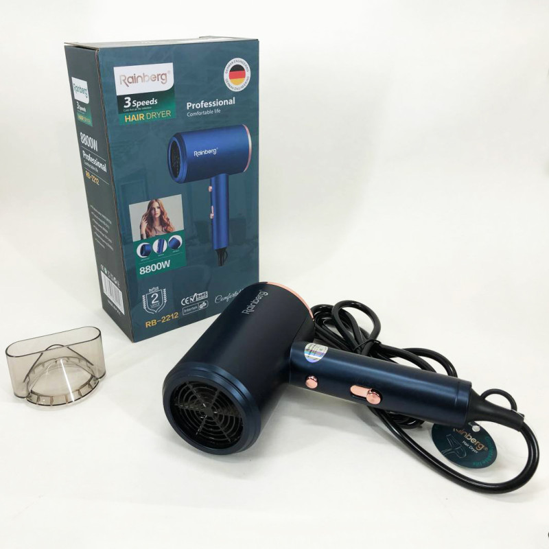 Фен Rainberg RB-2212 8800 W з регуляцією температури та швидкості для сушіння та укладання волосся. Колір: синій