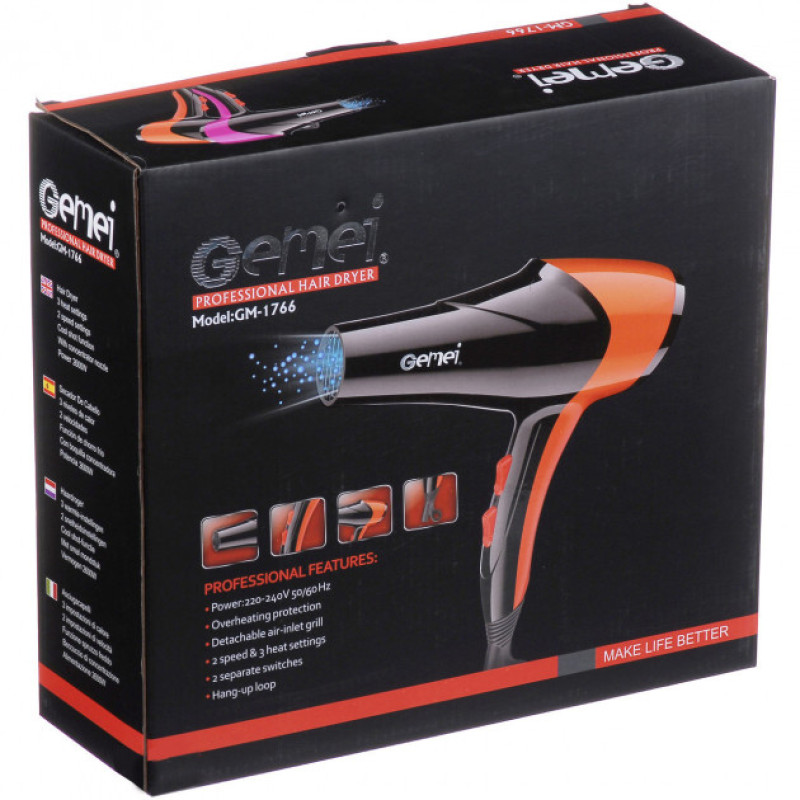 Фен GEMEI GM-1766 2.6 кВт АС. Колір: помаранчевий