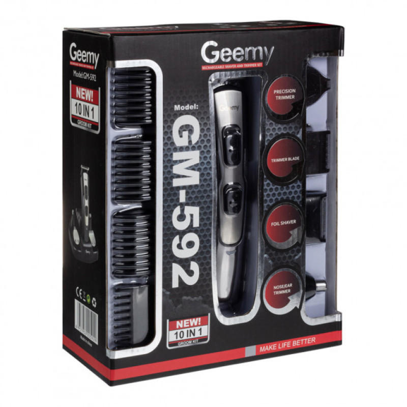 Машинка для стрижки 10в1 GEMEI GM-592, тример для бороди, триммер бездротової. Колір: чорний