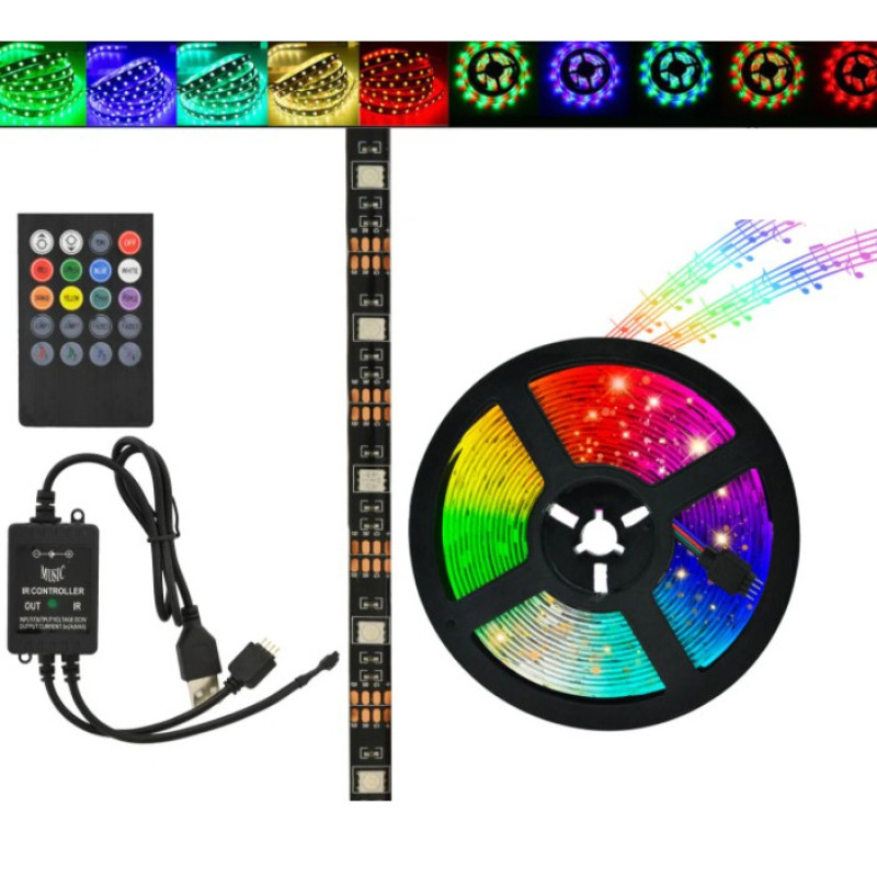 Світлодіодна стрічка SMD 5050 RGB LED 5 м IP65 з пультом та блоком живлення USB, 5м, Стрічка світлодіодна 5050