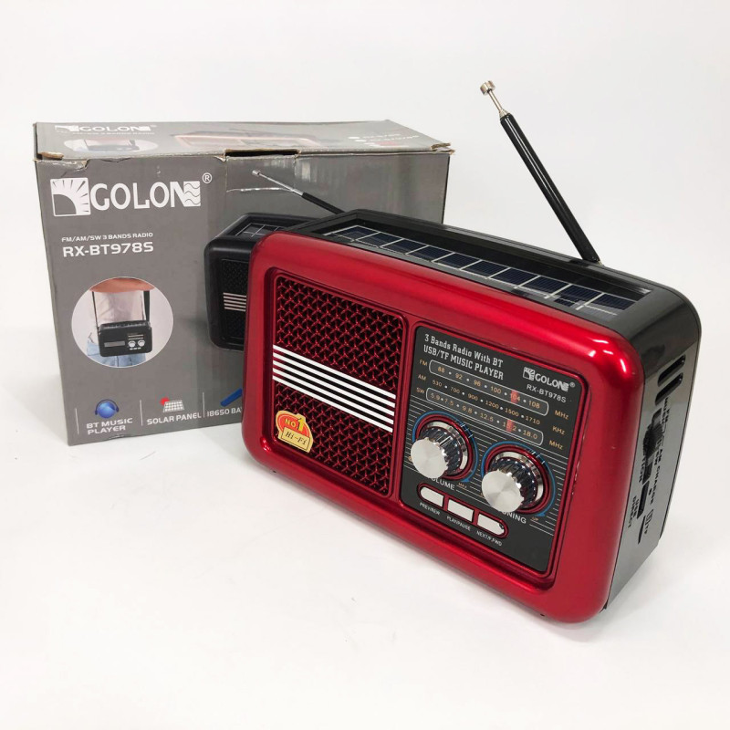 Радіо приймач Golon RX-BT978S сонячна панель AUX 3.5mm, Радіо приймач з акумулятором. Колір: червоний