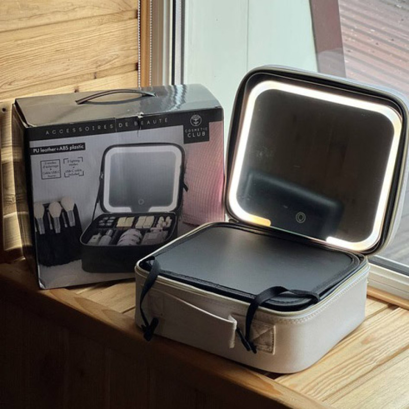 Портативна косметичка органайзер дорожній бьюті кейс з ручкою для з дзеркалом та LED-підсвічуванням бежевий