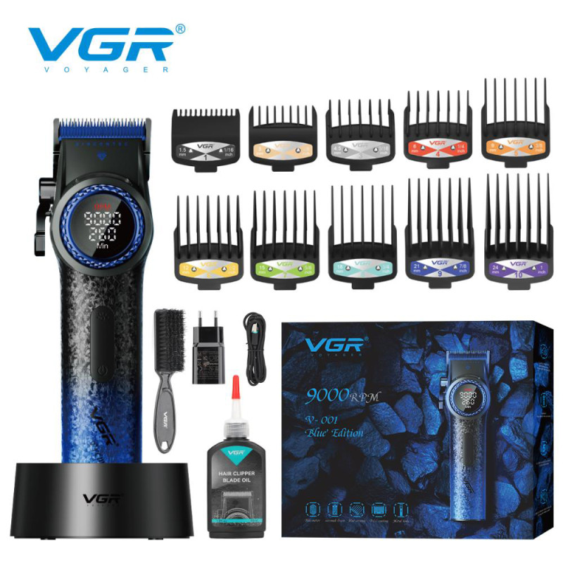 Профессиональная машинка для стрижки волос VGR V-001 BLUE с дисплеем 9000 об/мин и 10 насадками 1,5-24 мм.