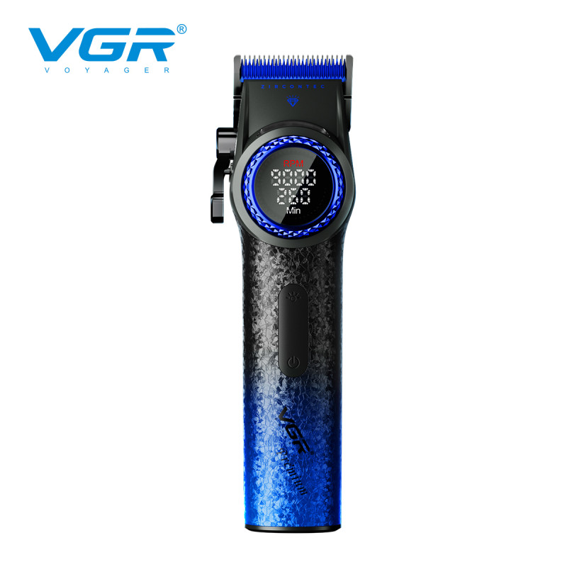 Профессиональная машинка для стрижки волос VGR V-001 BLUE с дисплеем 9000 об/мин и 10 насадками 1,5-24 мм.