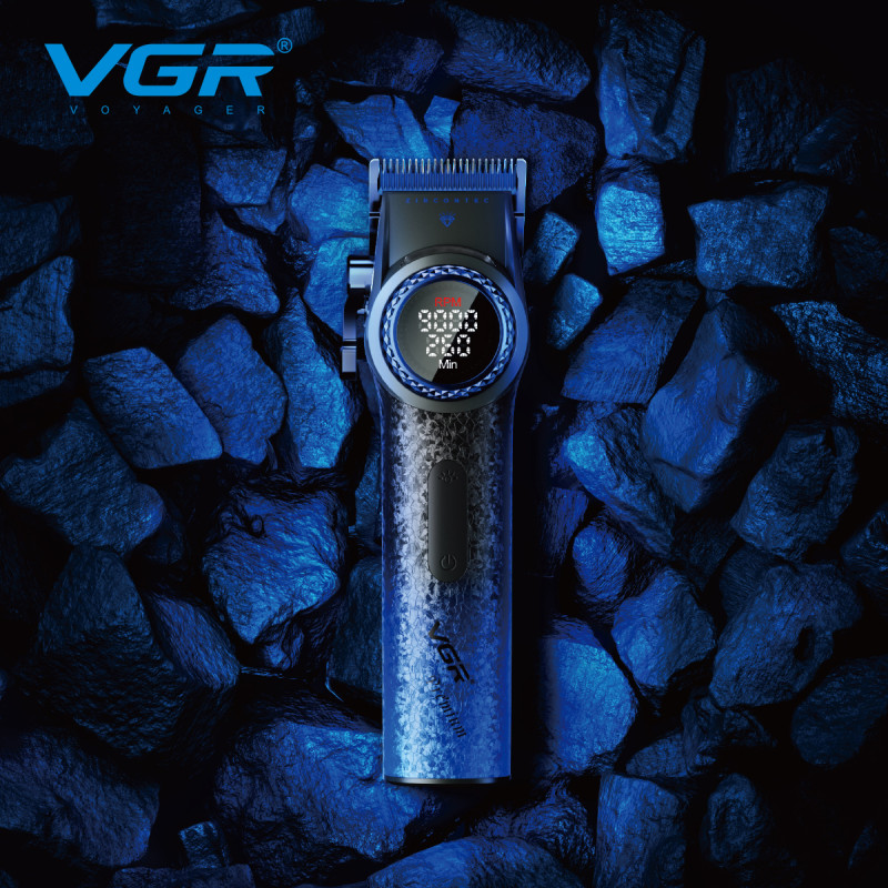 Профессиональная машинка для стрижки волос VGR V-001 BLUE с дисплеем 9000 об/мин и 10 насадками 1,5-24 мм.